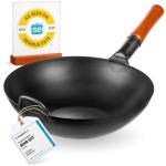 Small Yosukata 34 cm Wok van zwart koolstofstaal  (Platte bodem, Voorgezouten)