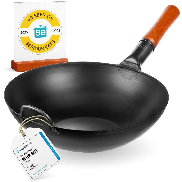 Yosukata 34 cm Wok van zwart koolstofstaal  (Platte bodem, Voorgezouten)