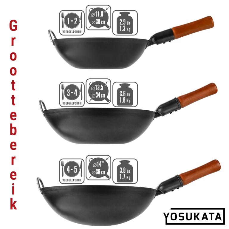 Yosukata 30 cm Wok van zwart koolstofstaal  (Platte bodem, Voorgezouten)