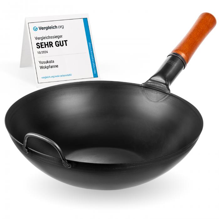 34 cm Wok van zwart koolstofstaal  (Platte bodem, Voorgezouten)