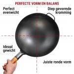 Small Yosukata 36 cm Wok van zwart koolstofstaal  (Ronde bodem, Voorgezouten)