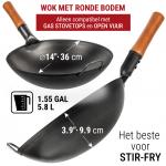 Small Yosukata 36 cm Wok van zwart koolstofstaal  (Ronde bodem, Voorgezouten)