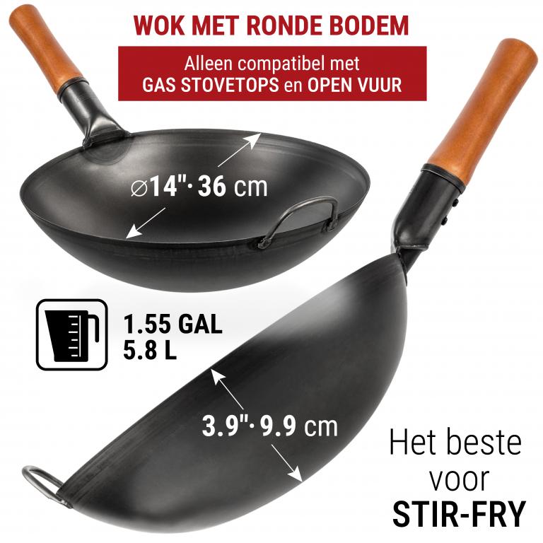 Yosukata 36 cm Wok van zwart koolstofstaal  (Ronde bodem, Voorgezouten)