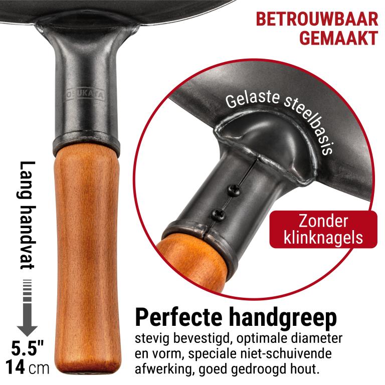 Yosukata 36 cm Wok van zwart koolstofstaal  (Ronde bodem, Voorgezouten)