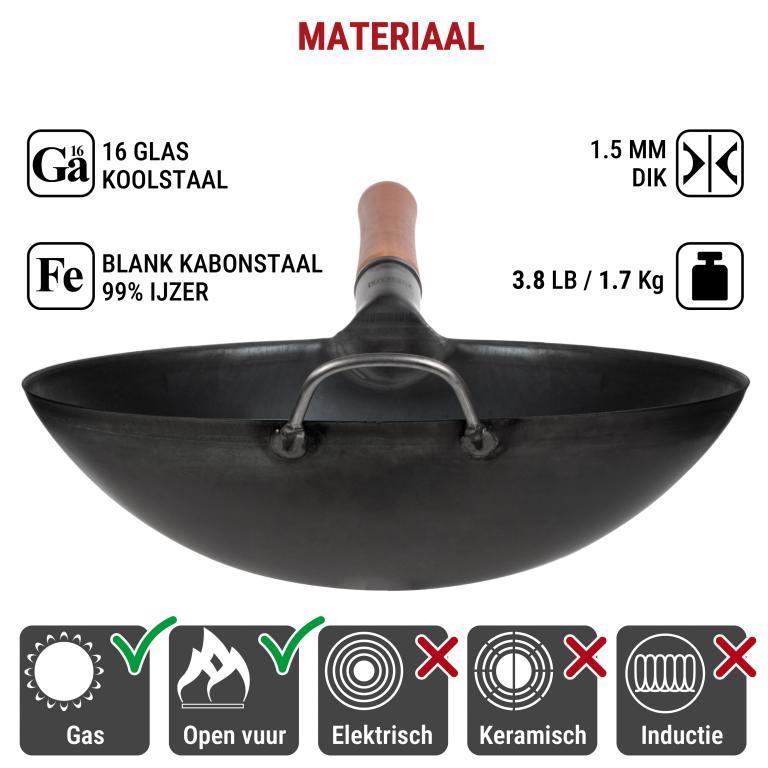 Yosukata 36 cm Wok van zwart koolstofstaal  (Ronde bodem, Voorgezouten)