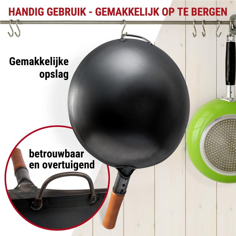 Yosukata 36 cm Wok van zwart koolstofstaal  (Ronde bodem, Voorgezouten)