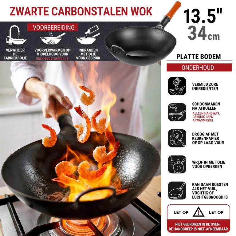Yosukata 34 cm Wok van zwart koolstofstaal  (Platte bodem, Voorgezouten)