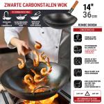 Small Yosukata 36 cm Wok van zwart koolstofstaal  (Ronde bodem, Voorgezouten)