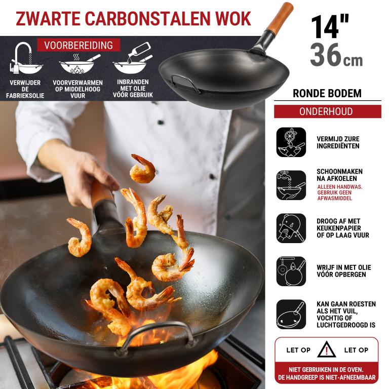 Yosukata 36 cm Wok van zwart koolstofstaal  (Ronde bodem, Voorgezouten)