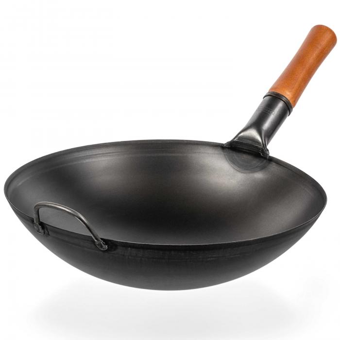 36 cm Wok van zwart koolstofstaal  (Ronde bodem, Voorgezouten)