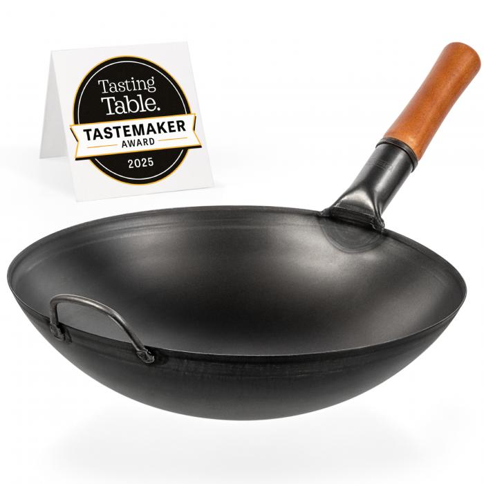 36 cm Wok van zwart koolstofstaal  (Ronde bodem, Voorgezouten)