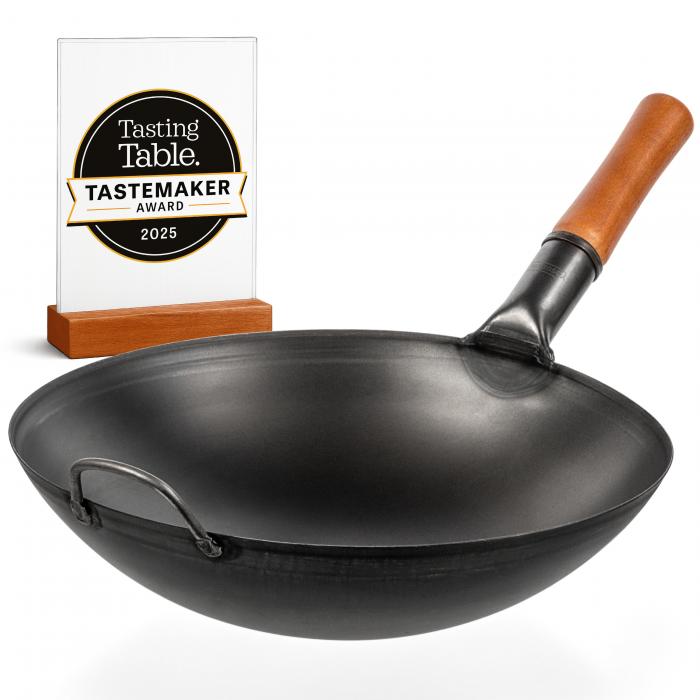 Yosukata 36 cm Wok van zwart koolstofstaal  (Ronde bodem, Voorgezouten)
