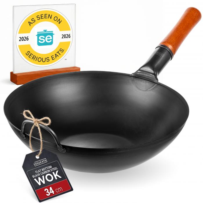 34 cm Wok van zwart koolstofstaal  (Platte bodem, Voorgezouten)